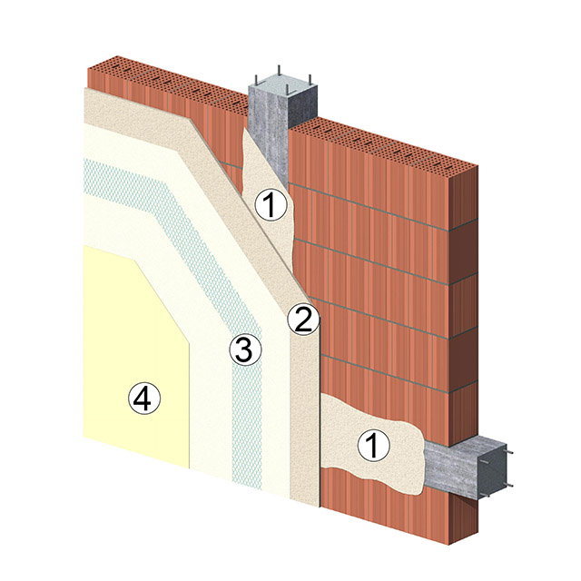 Rasatura di intonaco esistente su muratura in cordoli e pilastri.